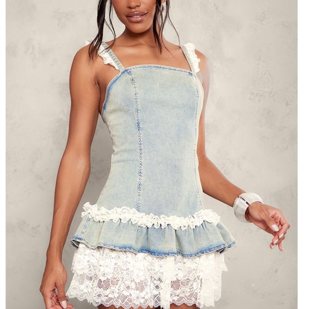 NWT Prettylittlething Vintage Wash Lace Trim Detail Mini Dress